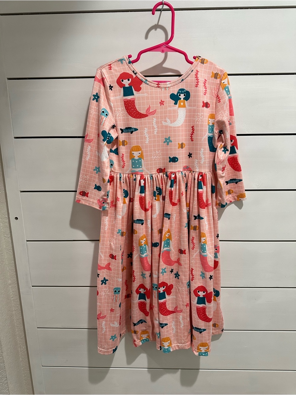 Girls Pink Mermaid Print Long Sleeve Casual Dress by